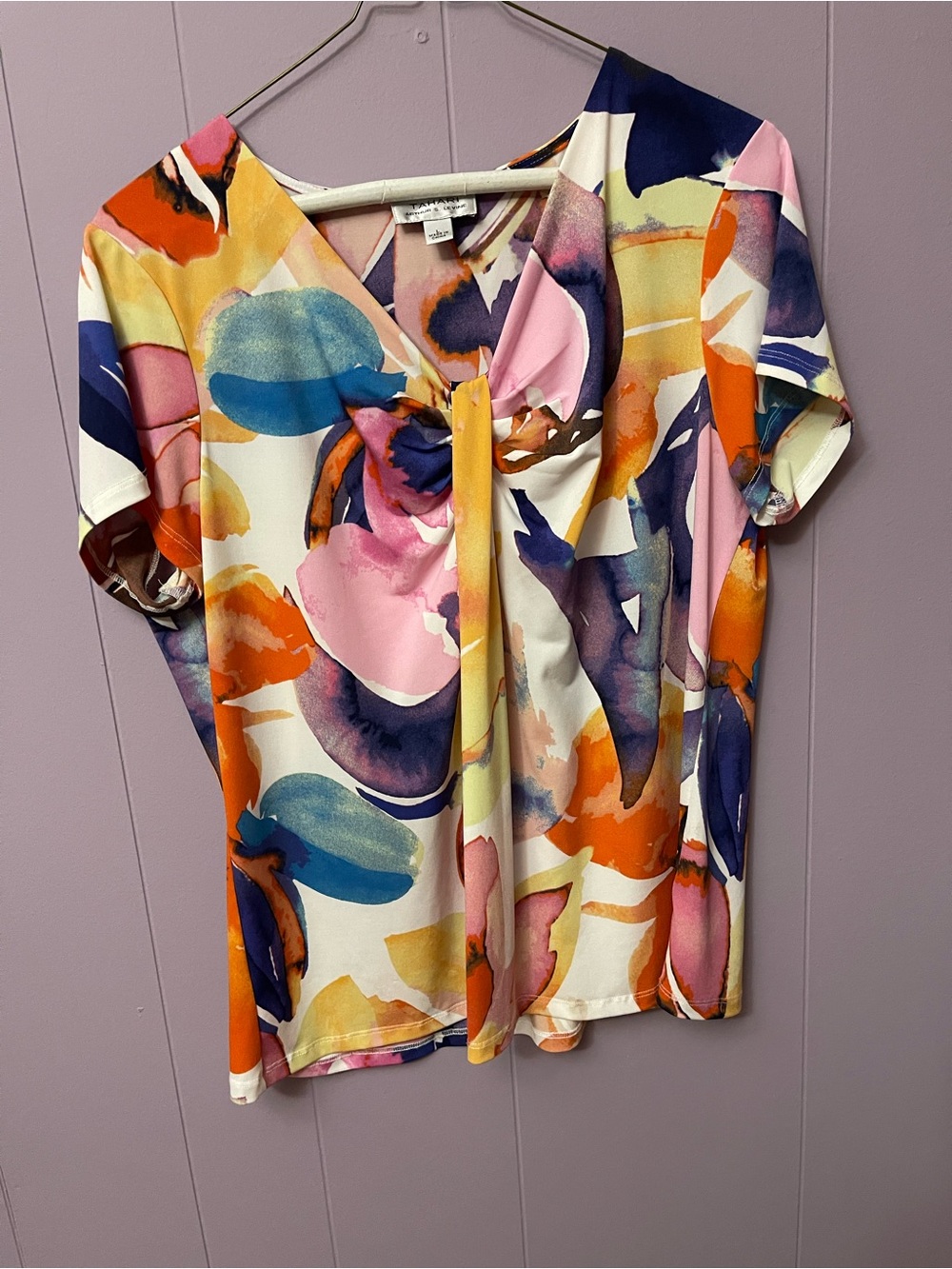 Tahari Purple and Pink Abstract Knot-Front Blouse